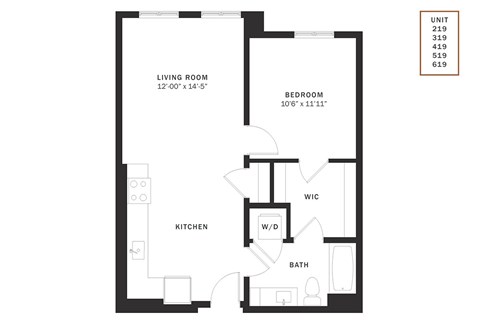 Floor plan for 1 bed, 1 bath, 686 sqft